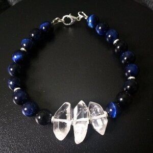 Blue Dye TigersEye & Quartz Crystal Bracelet - 7-7.5" Wrist - Stunning Colors!